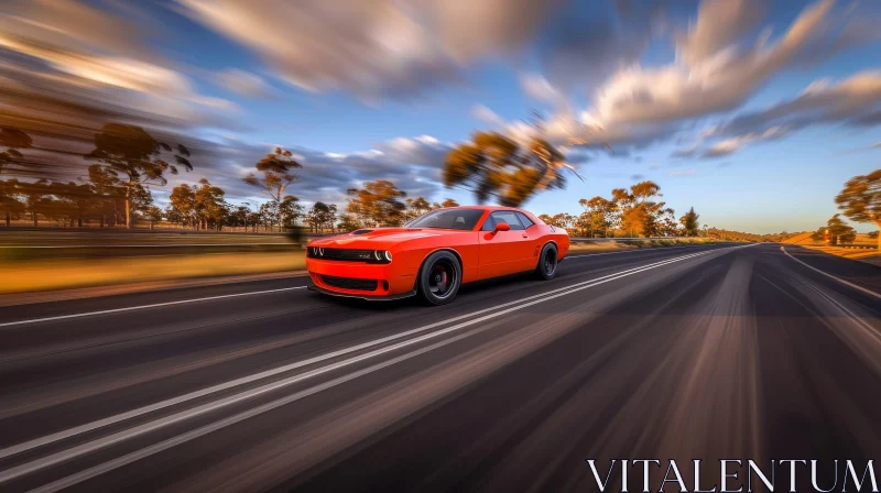 Red Sports Car Speeding on Asphalt Road AI Image