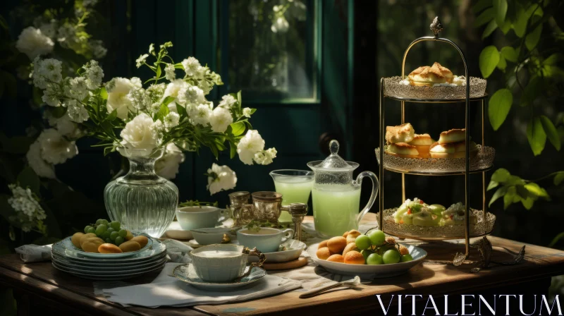 Serene Afternoon Tea Party with Nature-Inspired Setting AI Image