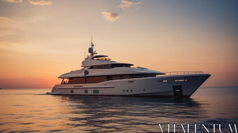 Sleek White Yacht at Sunset on Calm Sea AI Image