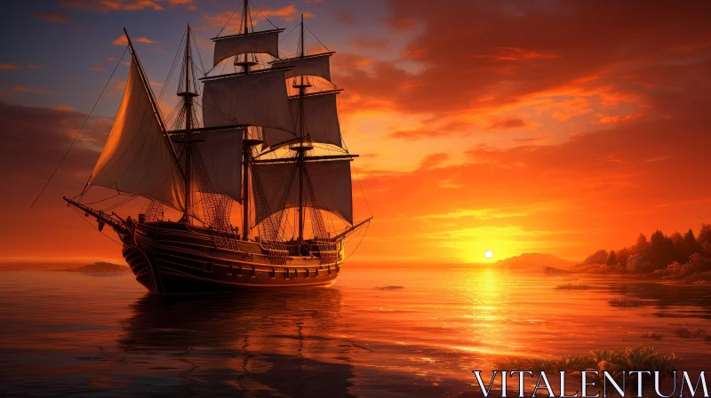 Tall Ship Sailing on Calm Sea at Sunset AI Image