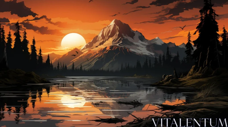 Tranquil Mountain Lake Sunset Painting AI Image