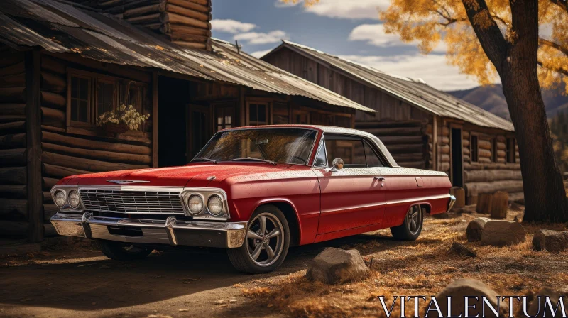 AI ART Vintage Red Chevrolet Impala in Front of Rustic Wooden House