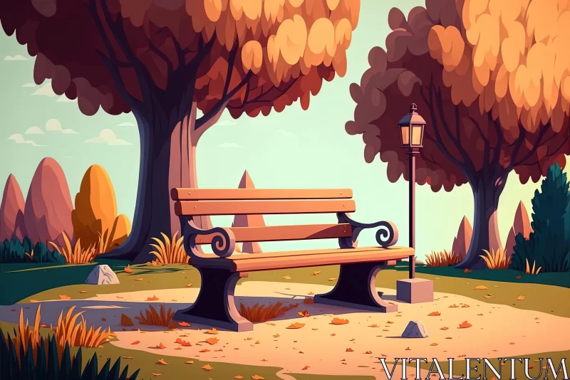 Autumn Park Bench and Street Lamp Cartoon Illustration AI Image