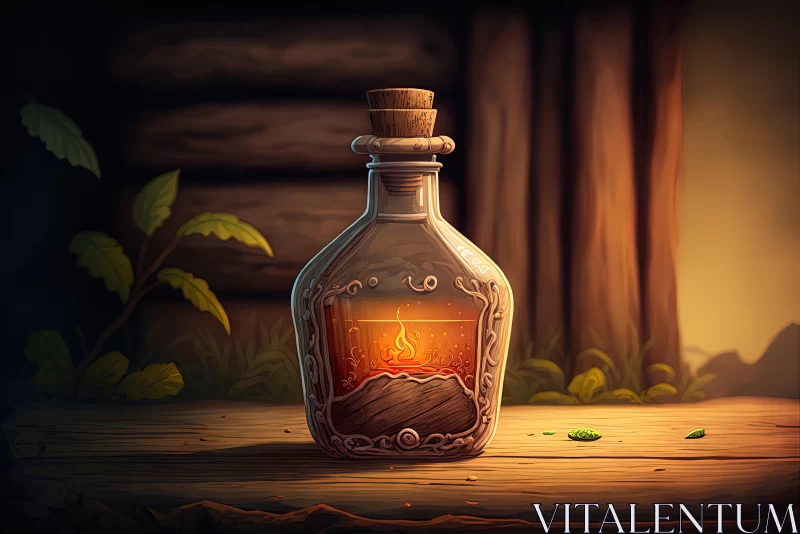 Captivating Bottle with Fire on Wooden Table - Enchanting Illustration AI Image