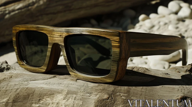 Close-up of Wooden Sunglasses on Driftwood | Nature Photography AI Image