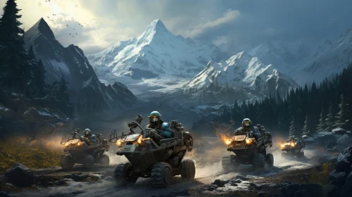 Futuristic Soldiers Riding All-Terrain Vehicles in Snowy Mountain Pass