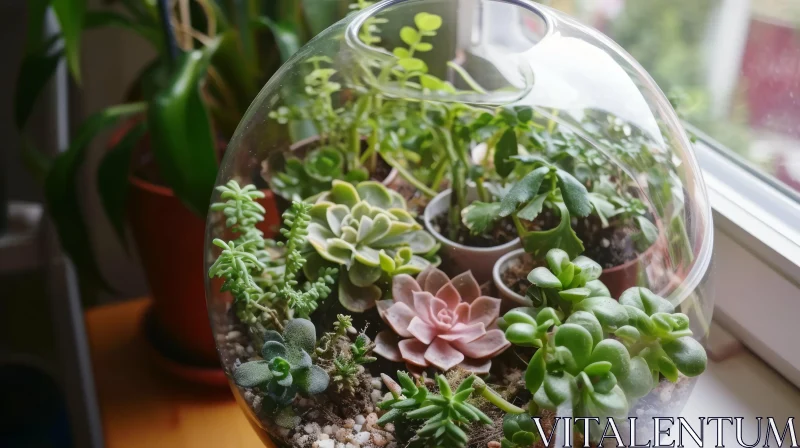 Glass Terrarium with Vibrant Succulent Plants - Nature Photography AI Image