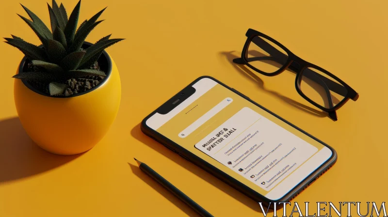 Minimalist Desk Composition with Smartphone, Glasses, Pencil, and Plant AI Image