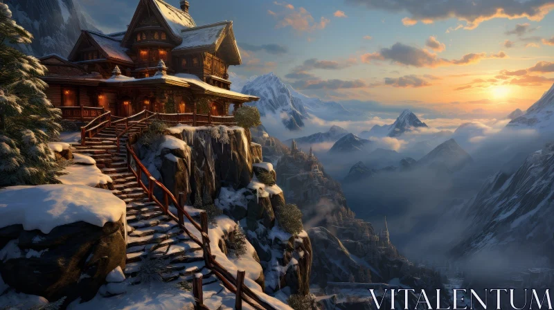 AI ART Mountain Sunset Landscape with Snowy Peaks and Wooden House