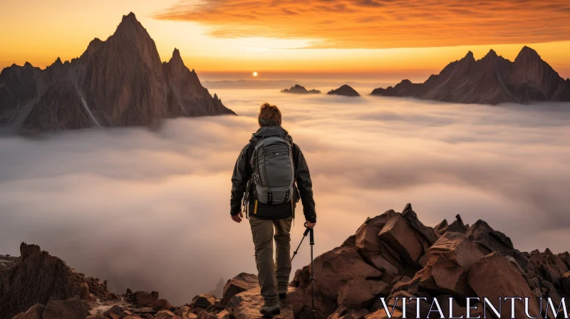 Person on Mountaintop Overlooking Sea of Clouds at Sunset AI Image