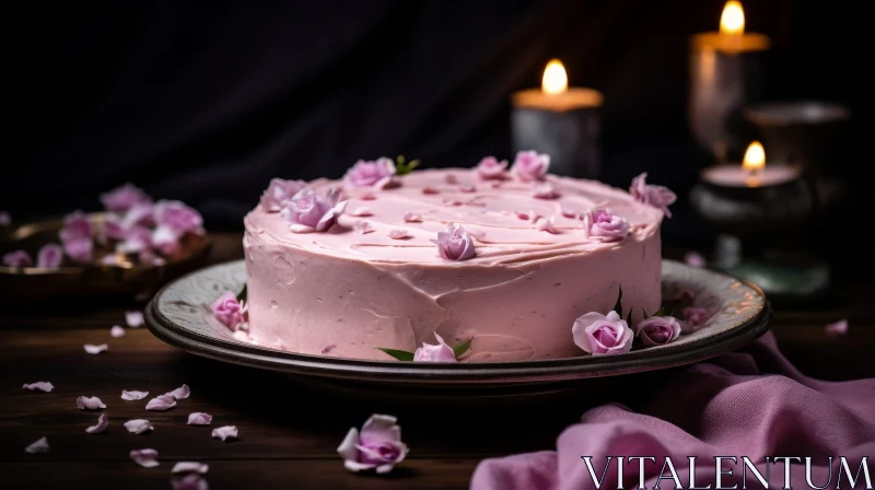 Pink Cake with Sugar Flowers on Wooden Table AI Image
