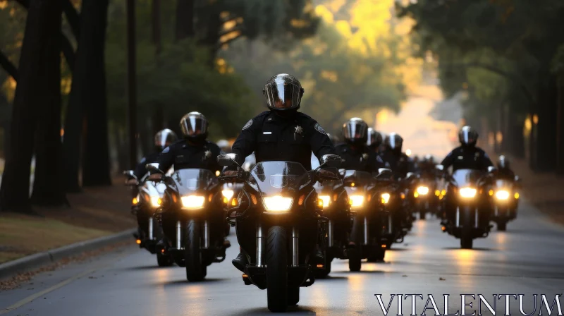 Police Officers on Motorcycles at Sunrise AI Image