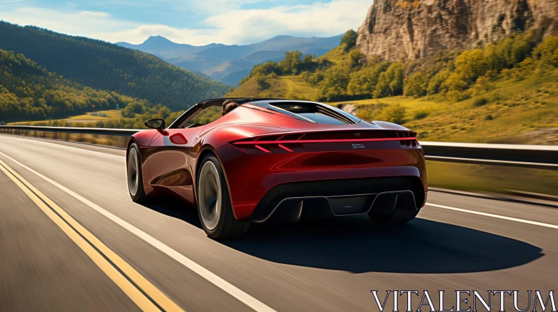 Red Sports Car Driving on Asphalt Road in Mountainous Landscape AI Image