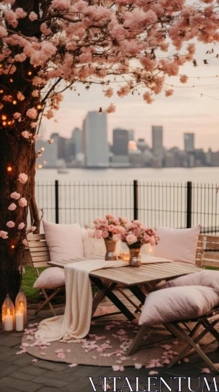 Romantic Urban Patio with Cherry Blossoms - Dreamy Cityscape AI Image