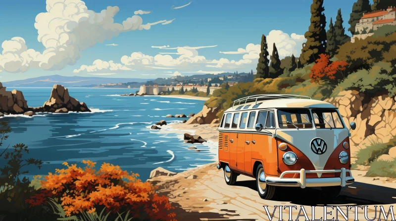 Serene Beach Scene: Retro Van by the Ocean AI Image
