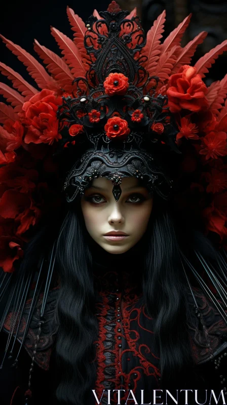 Serious Woman with Red Eyes and Black Headdress AI Image