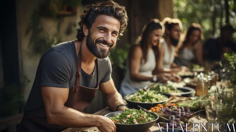 Smiling Man in Rustic Kitchen with Fresh Vegetables AI Image