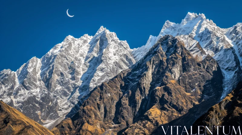 Snow-Capped Mountain Range with Crescent Moon AI Image