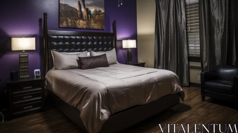 Sophisticated Bedroom with Purple Walls and Black Bed AI Image