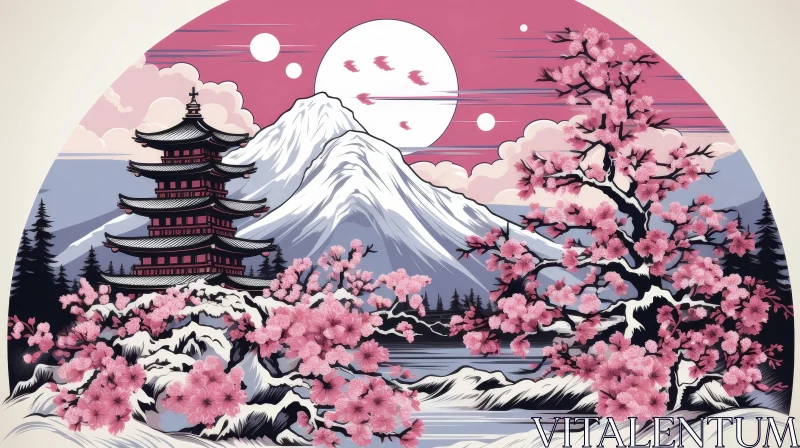 Tranquil Japanese Landscape: Mountain, Pagoda, Cherry Blossoms AI Image