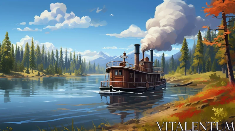 Tranquil River Painting with Steamboat and Forest AI Image