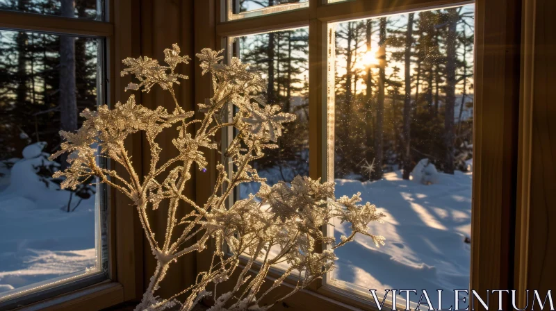 Winter Forest Window View: A Serene and Frosty Scene AI Image