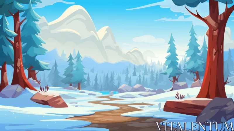 AI ART Winter Landscape: Snow-Capped Mountains and Forest