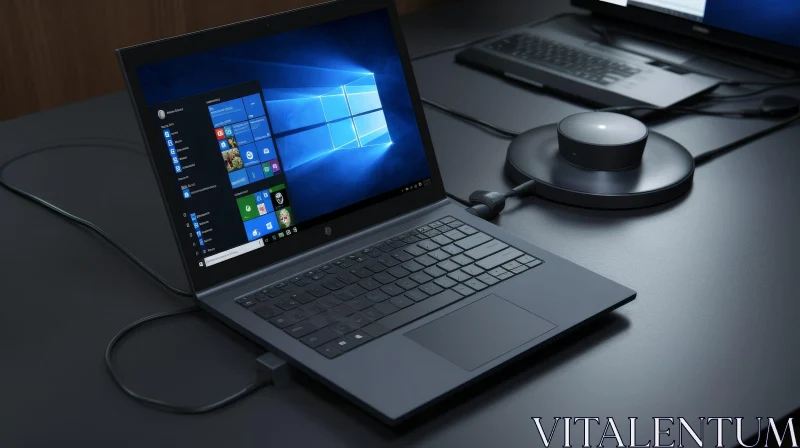 AI ART Black Laptop on Dark Table with Windows 10 Display