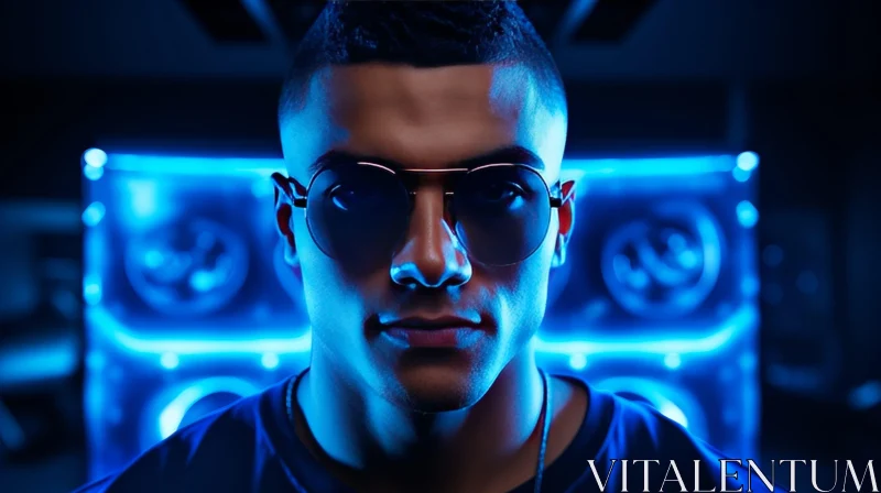 AI ART Confident Young Man Portrait in Blue Neon Background