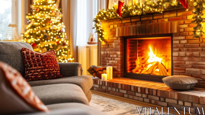 AI ART Cozy Living Room with Fireplace and Christmas Tree