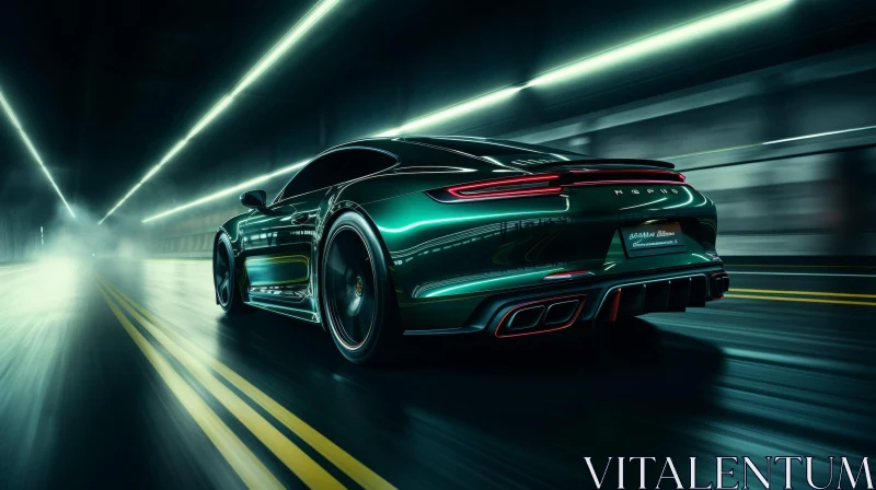 Dark Green Porsche 911 Turbo S Speeding through Tunnel AI Image