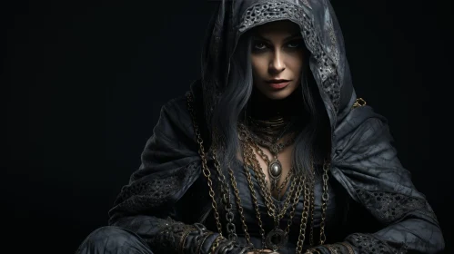 Dark Portrait of a Mysterious Woman in Black Hood