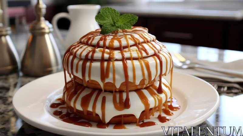 Delicious Cinnamon Roll Pastry with Icing and Caramel Sauce AI Image