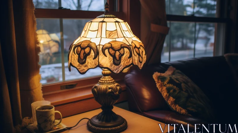 Elegant Tiffany-Style Lamp on Wooden Table with Snowy Landscape View AI Image