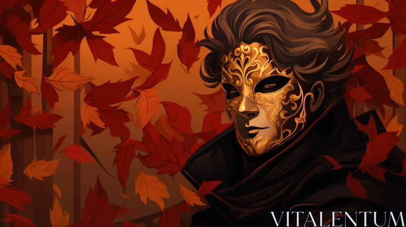 Golden Mask Portrait in Autumn Forest AI Image