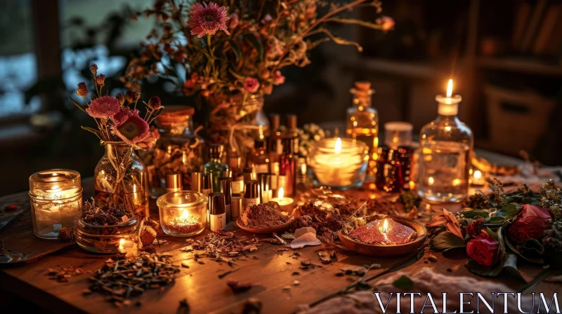 Harmonious Still Life: Wooden Table with Dried Flowers, Herbs, Candles, and Essential Oils AI Image