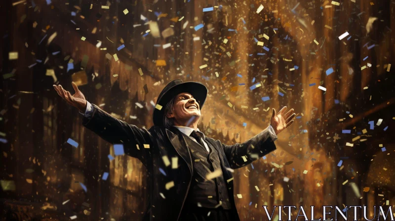 Joyous Man Celebrating with Falling Confetti AI Image