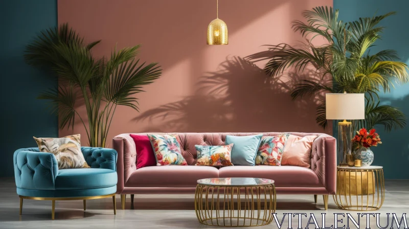 Modern Living Room Decor with Pink Sofa and Blue Armchair AI Image