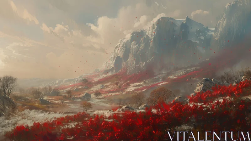 Mountain Valley Landscape with Red Flowers and Snow AI Image