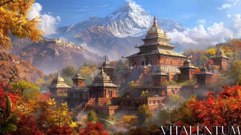 Serene Mountain Valley with Temple and Forest AI Image