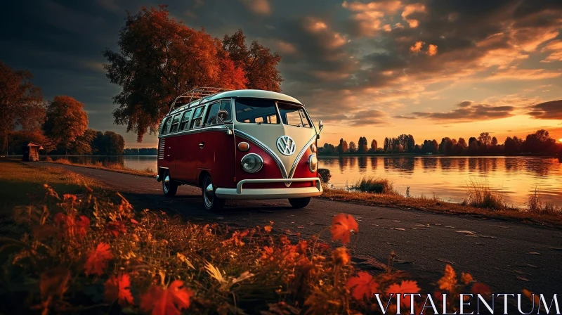Serene Volkswagen Bus by Lake at Sunset AI Image