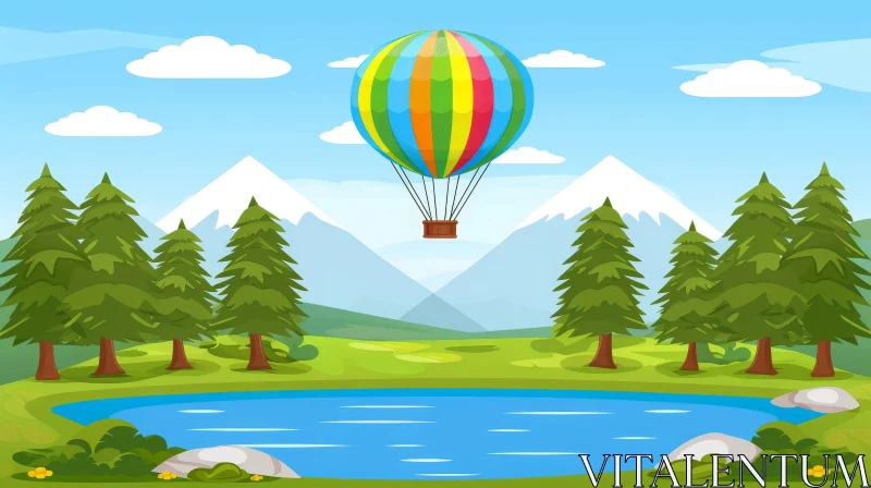 Tranquil Hot Air Balloon Ride over Lake and Mountains AI Image