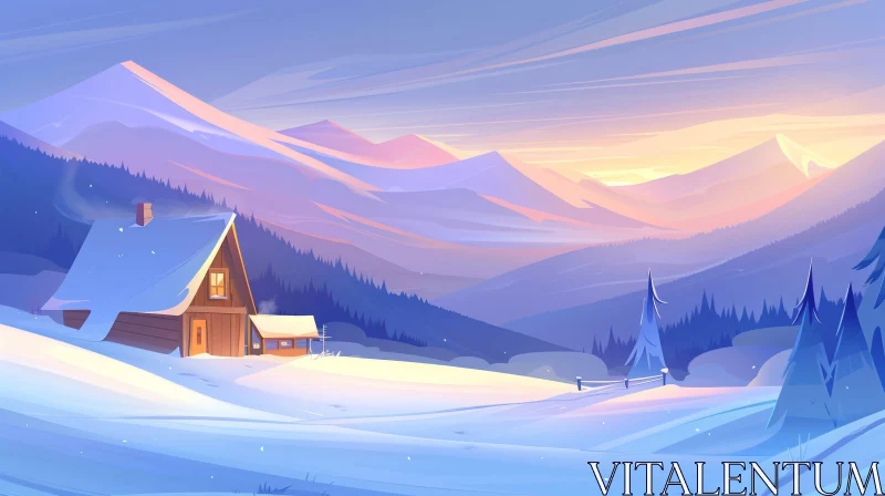 Tranquil Winter Landscape with Wooden House and Mountains