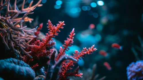 Vibrant Underwater Aquarium Scene with Red and White Corals
