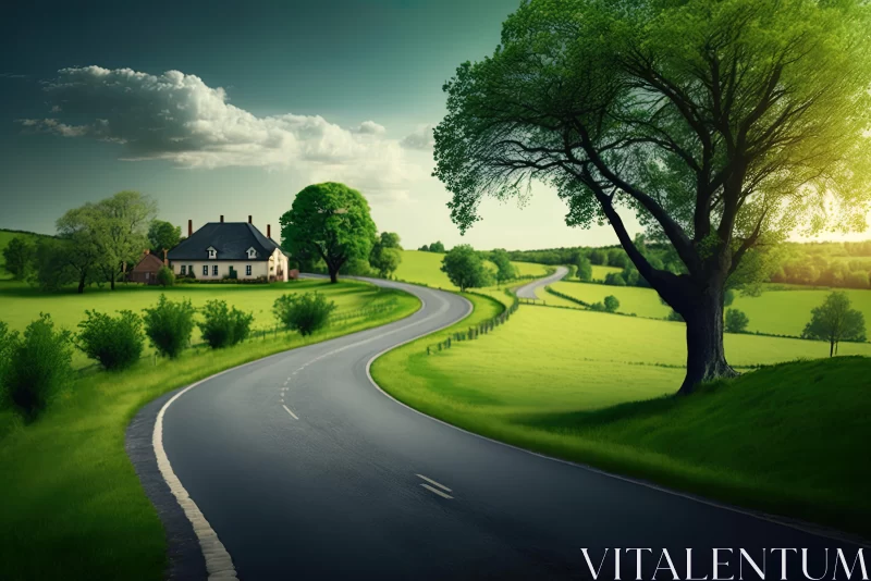 Whimsical Road and Cottage in Sunny Mountains - Dreamy Landscape AI Image