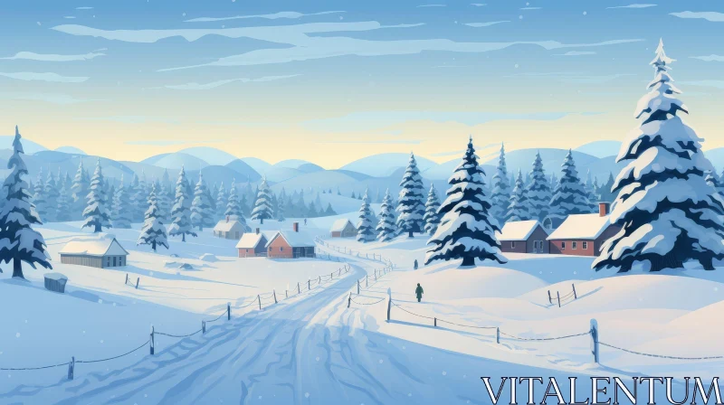 Winter Landscape with Falling Snow and Village Scene AI Image