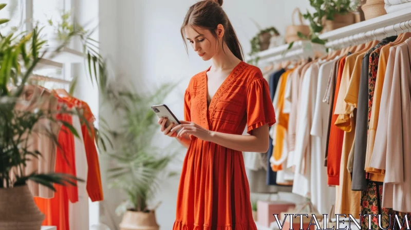 Young Woman in Red Dress - Fashion Store AI Image