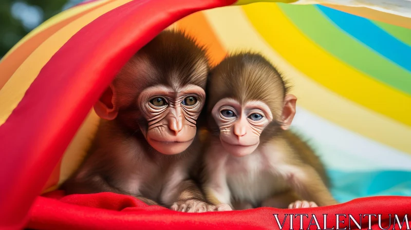 Adorable Baby Monkeys in Rainbow Tunnel AI Image