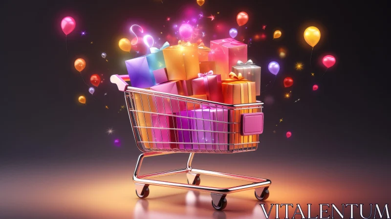 AI ART Colorful Gifts Shopping Cart 3D Rendering
