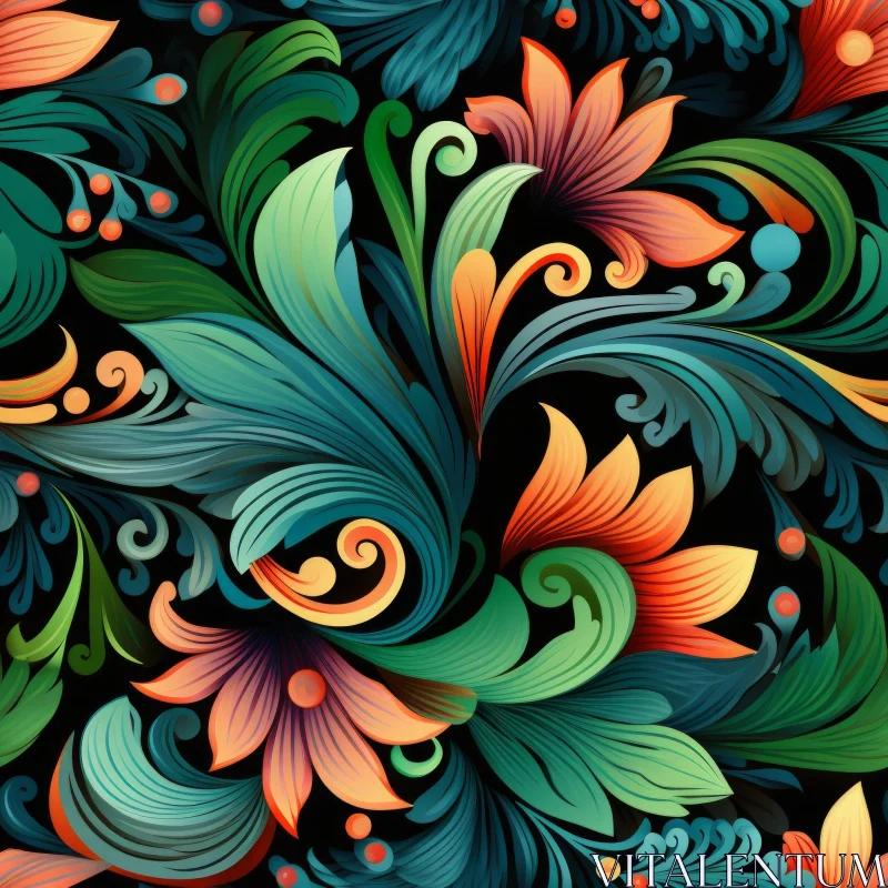 Dark Floral Pattern with Colorful Flowers and Vines AI Image
